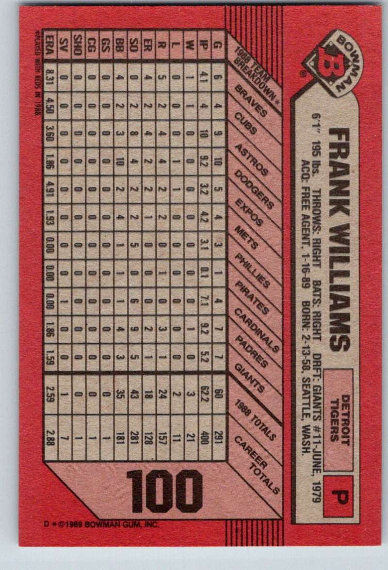 1989 Bowman #100 Frank Williams Tigers MLB Baseball Image 2