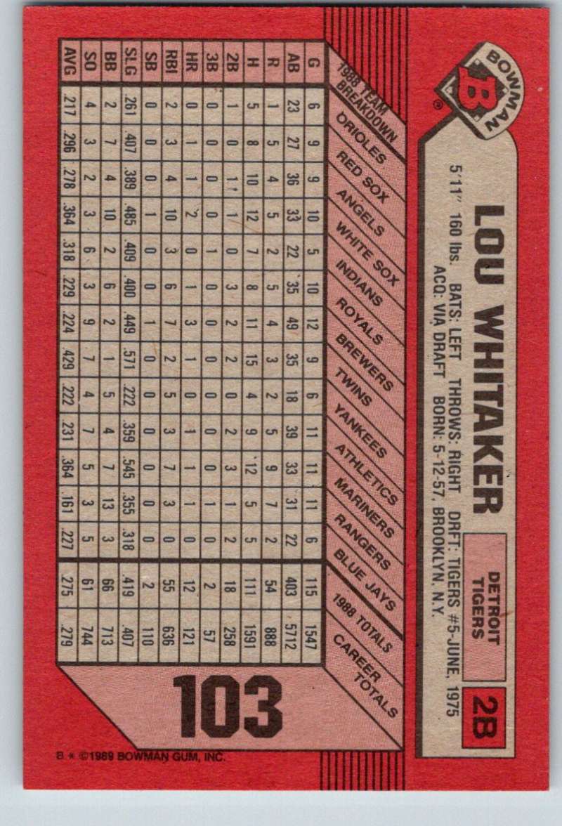 1989 Bowman #103 Lou Whitaker Tigers MLB Baseball