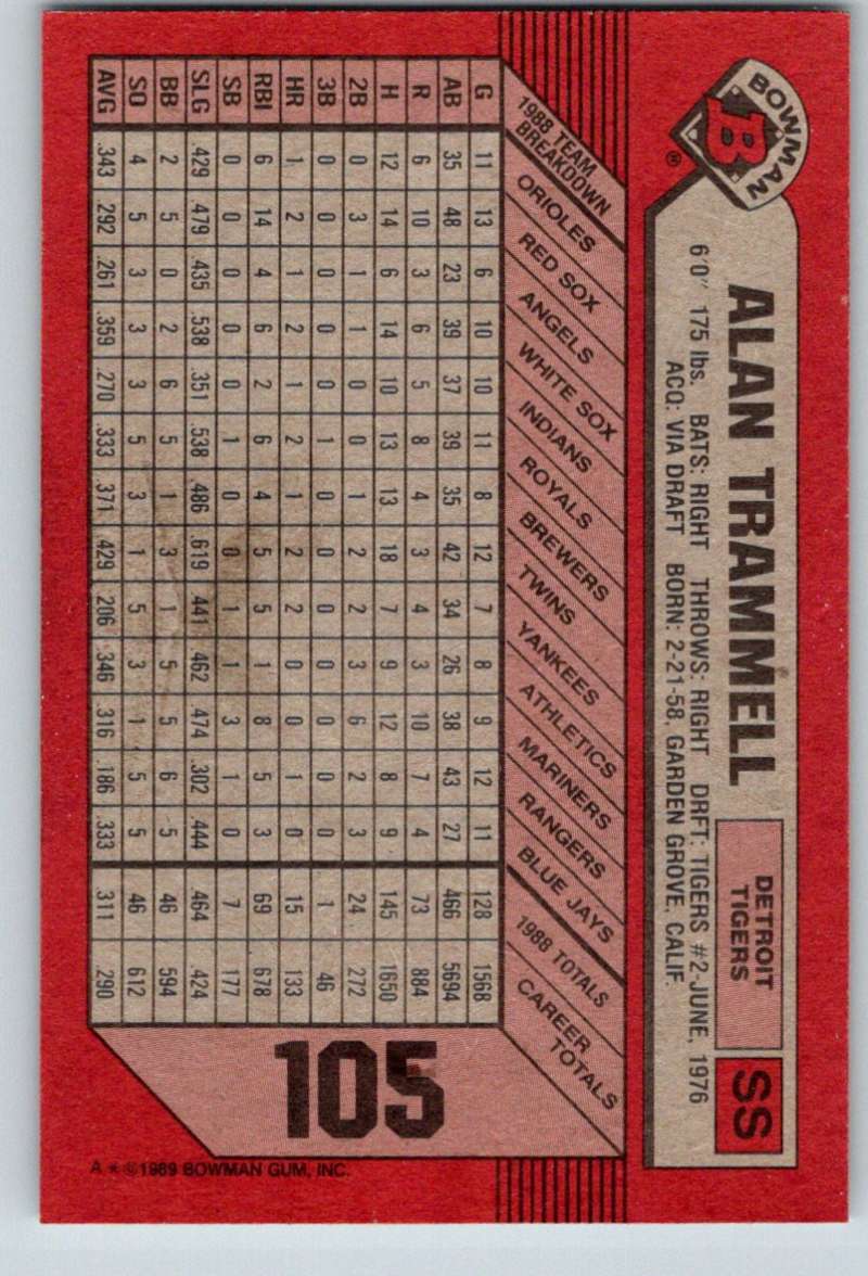 1989 Bowman #105 Alan Trammell Tigers MLB Baseball