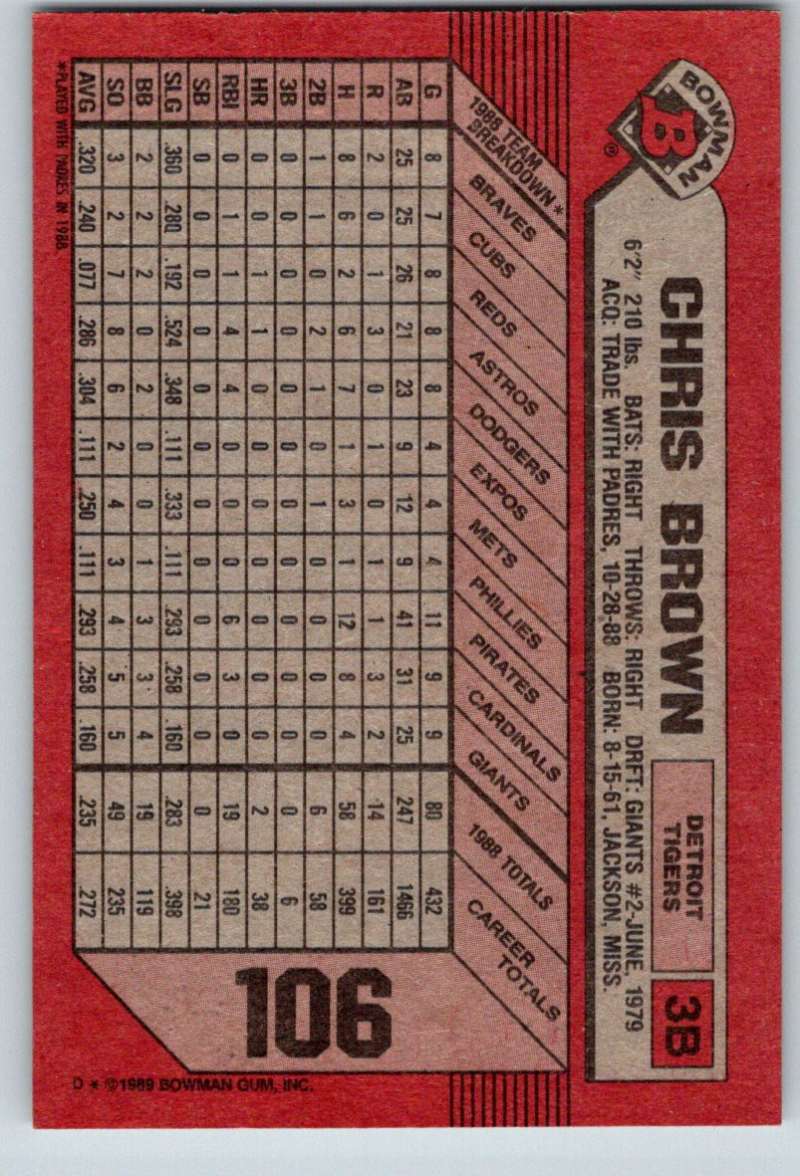 1989 Bowman #106 Chris Brown Tigers MLB Baseball Image 2