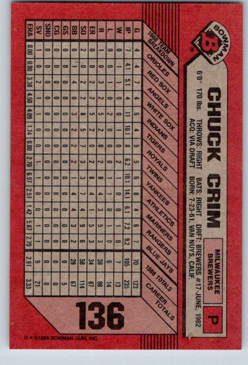 1989 Bowman #136 Chuck Crim Brewers MLB Baseball Image 2