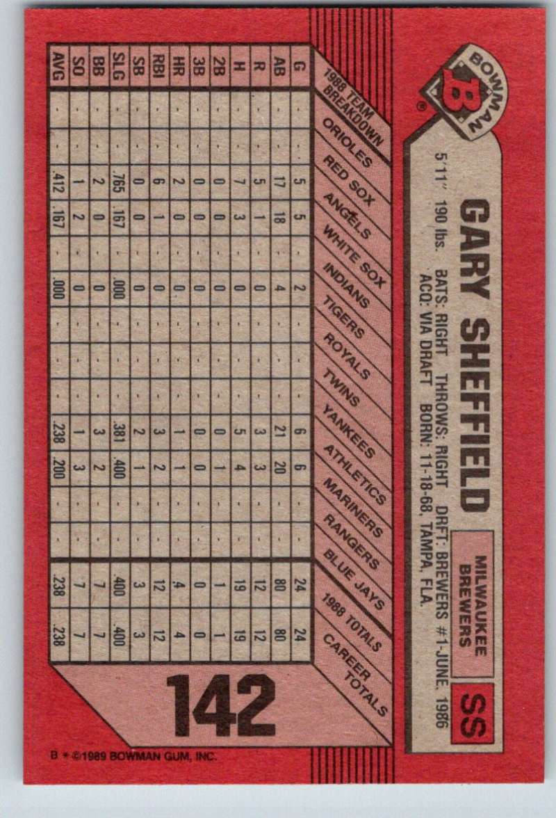 1989 Bowman #142 Gary Sheffield RC Rookie Brewers MLB Baseball