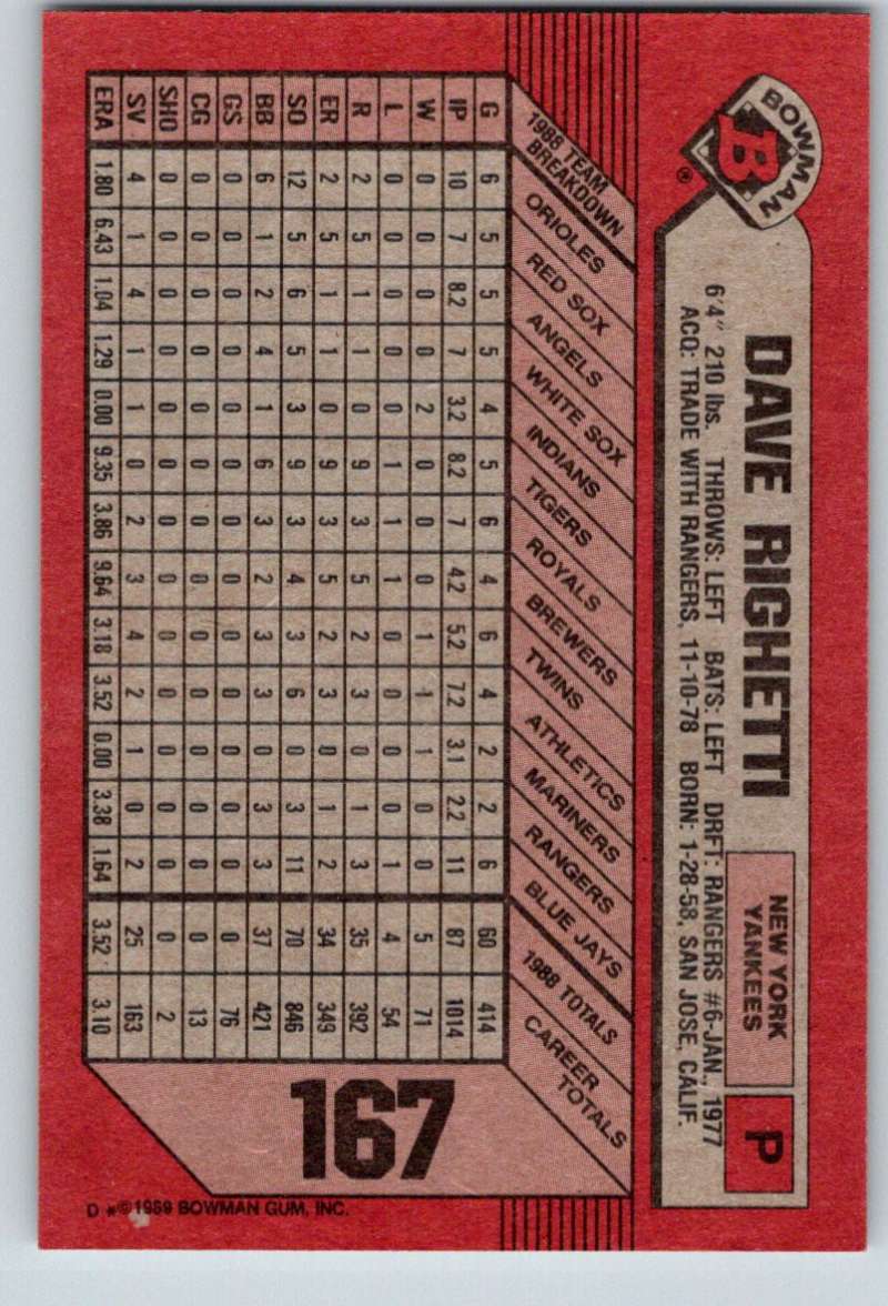 1989 Bowman #167 Dave Righetti Yankees MLB Baseball