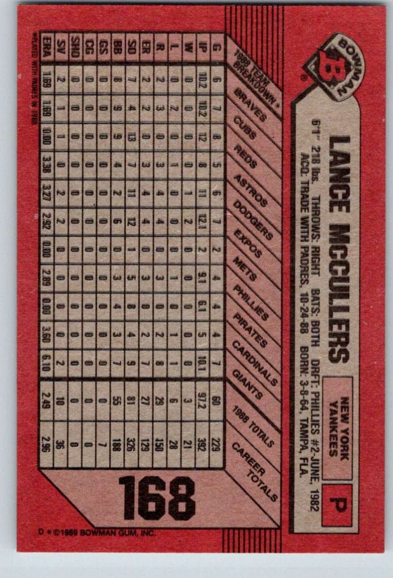 1989 Bowman #168 Lance McCullers Yankees MLB Baseball Image 2