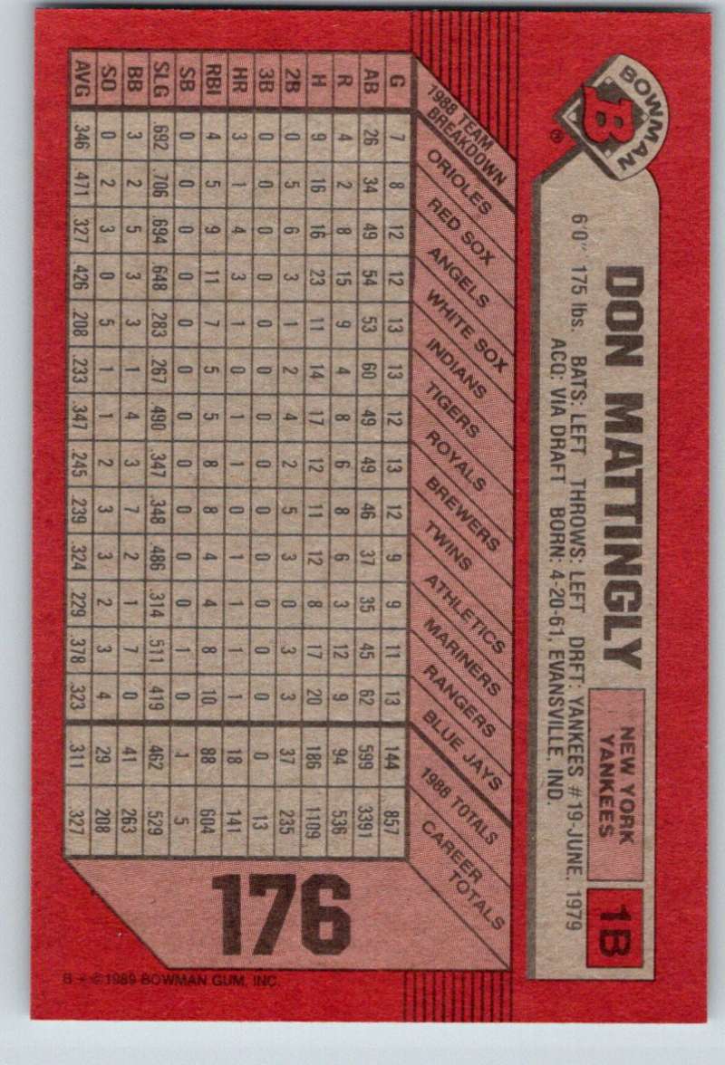 1989 Bowman #176 Don Mattingly Yankees MLB Baseball