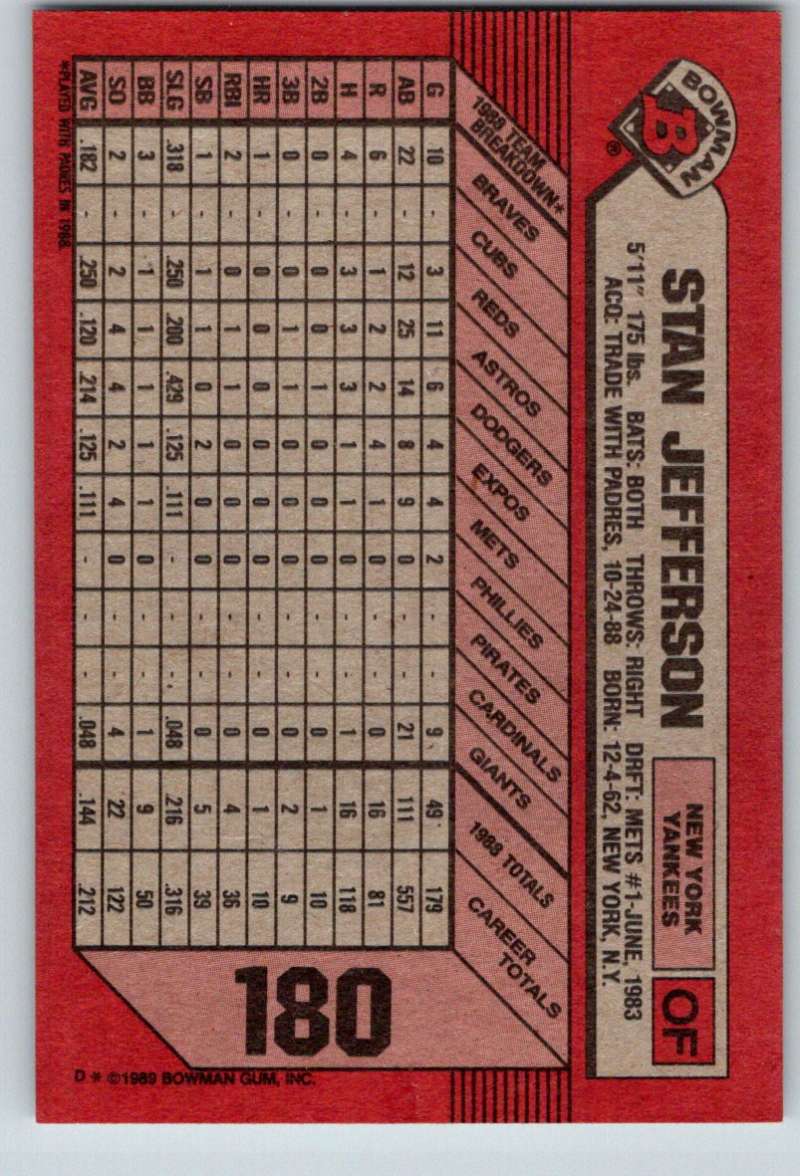 1989 Bowman #180 Stan Jefferson Yankees MLB Baseball
