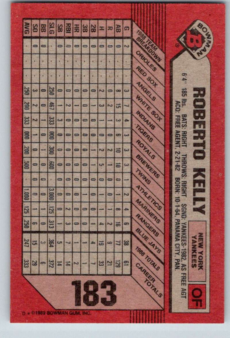 1989 Bowman #183 Roberto Kelly Yankees MLB Baseball Image 2