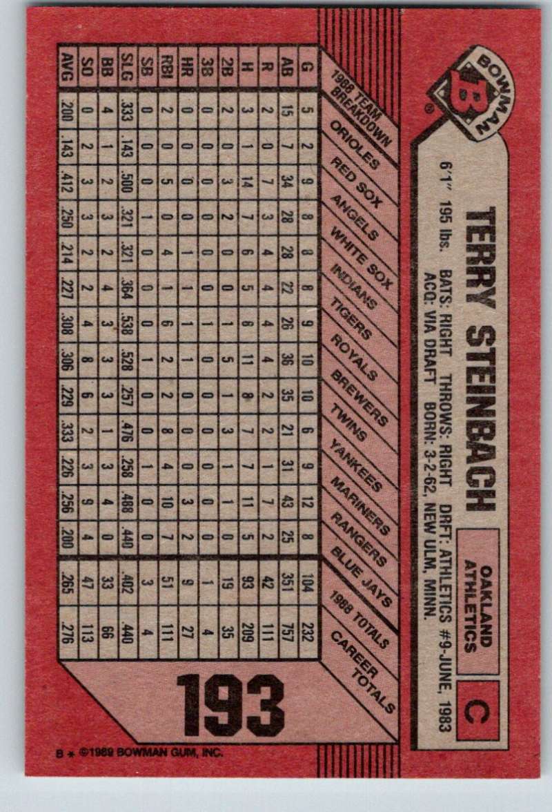 1989 Bowman #193 Terry Steinbach Athletics MLB Baseball