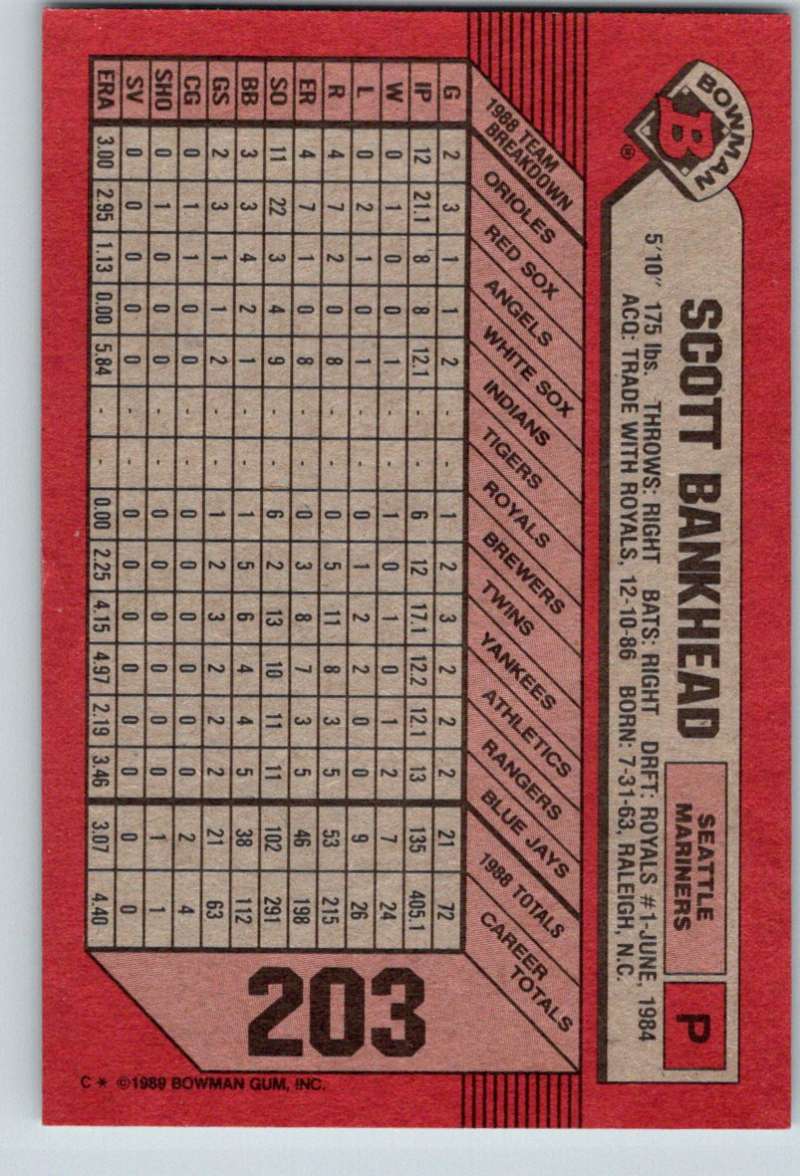 1989 Bowman #203 Scott Bankhead Mariners MLB Baseball Image 2