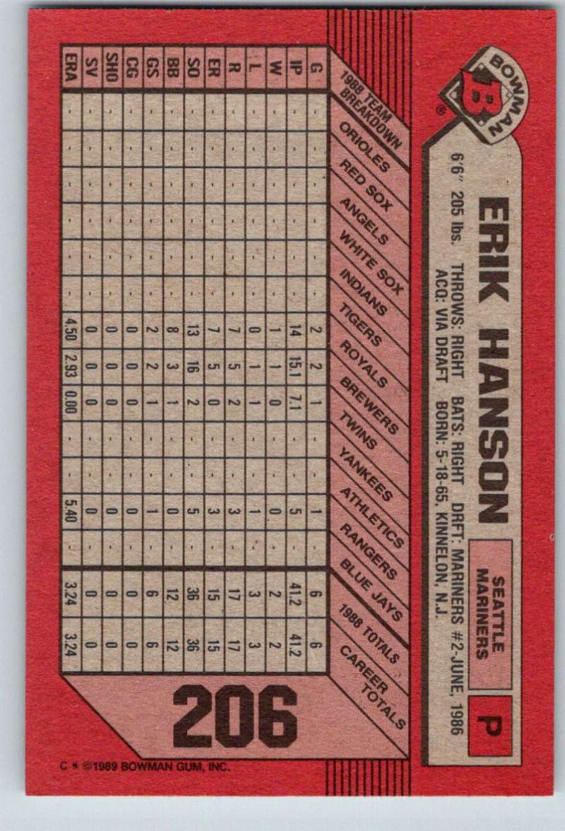1989 Bowman #206 Erik Hanson RC Rookie Mariners MLB Baseball Image 2