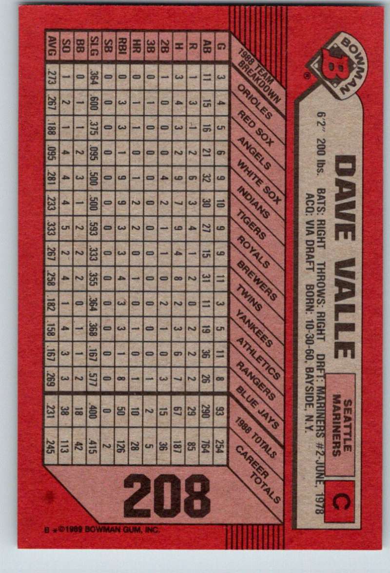 1989 Bowman #208 Dave Valle Mariners MLB Baseball