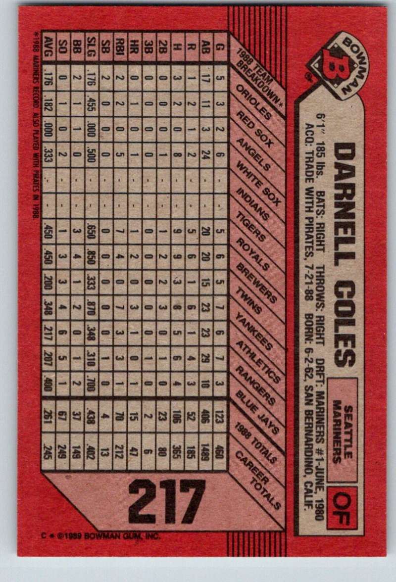1989 Bowman #217 Darnell Coles Mariners MLB Baseball