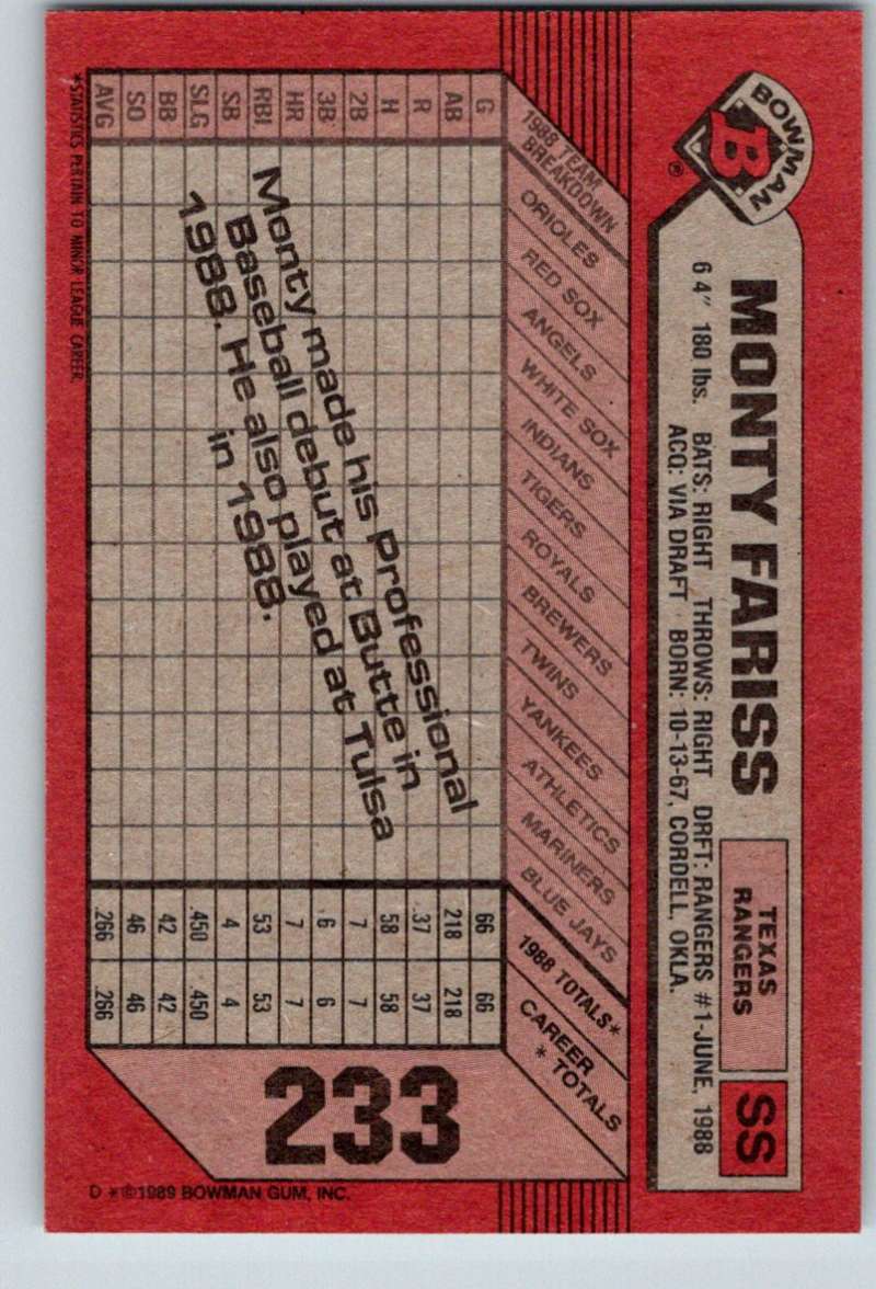 1989 Bowman #233 Monty Fariss RC Rookie Rangers MLB Baseball