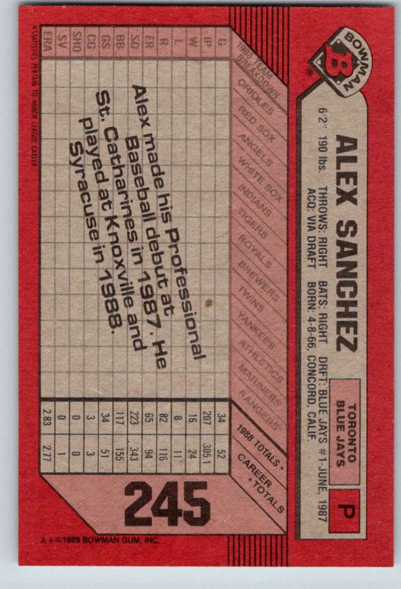 1989 Bowman #245 Alex Sanchez RC Rookie Blue Jays MLB Baseball Image 2