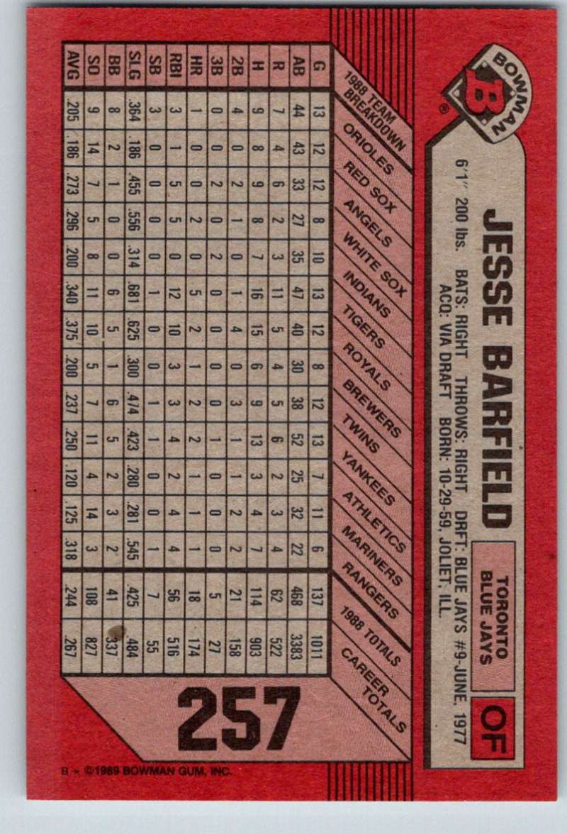 1989 Bowman #257 Jesse Barfield Blue Jays MLB Baseball