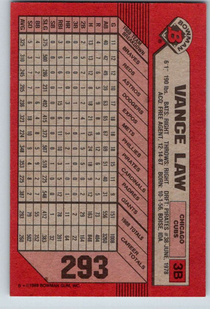 1989 Bowman #293 Vance Law Cubs MLB Baseball Image 2