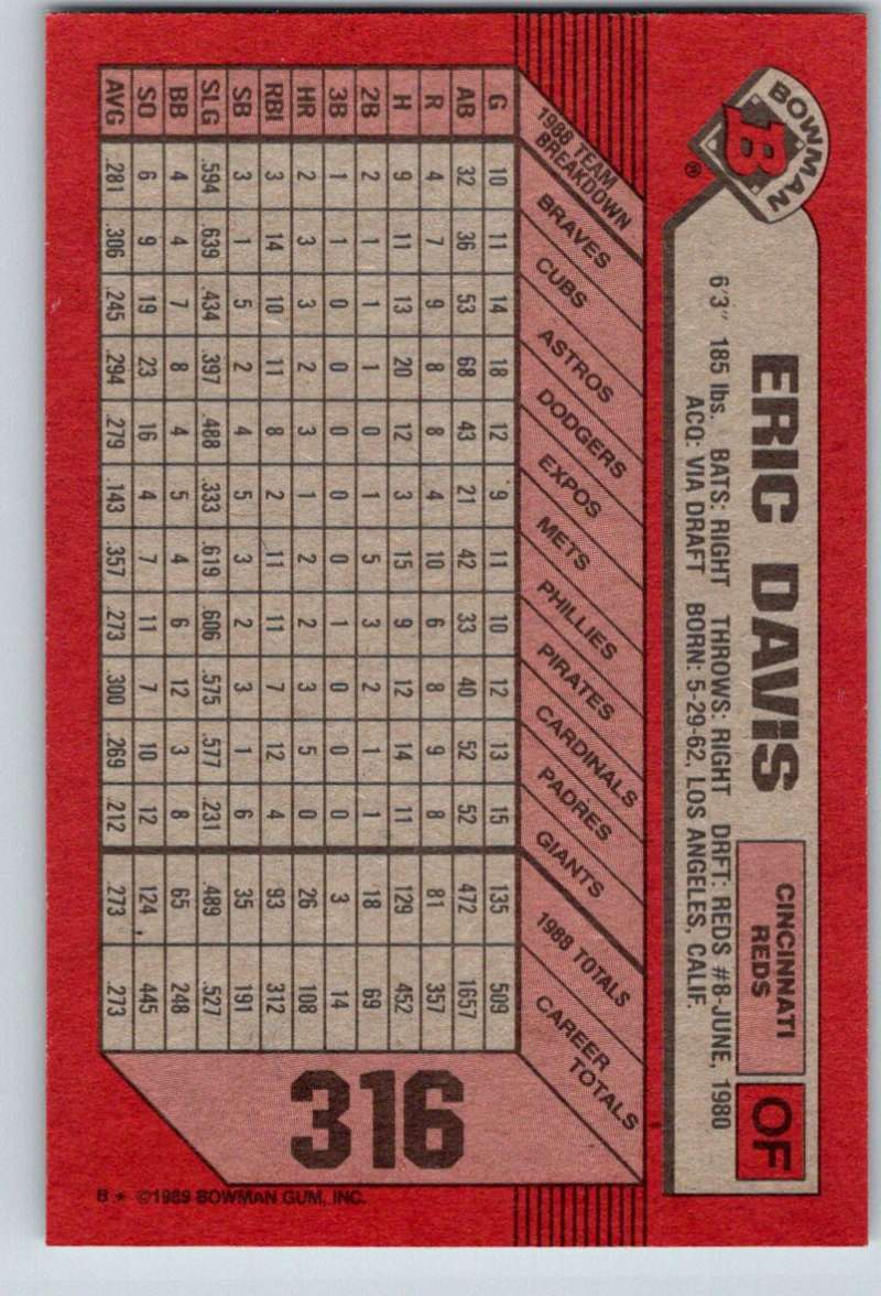 1989 Bowman #316 Eric Davis Reds MLB Baseball Image 2