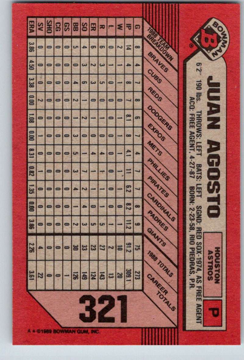 1989 Bowman #321 Juan Agosto Astros MLB Baseball Image 2