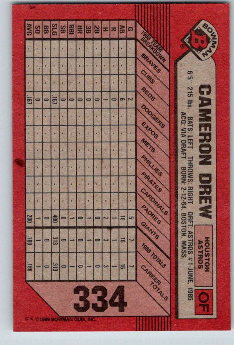1989 Bowman #334 Cameron Drew RC Rookie Astros MLB Baseball
