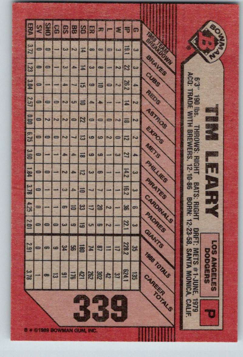 1989 Bowman #339 Tim Leary Dodgers MLB Baseball Image 2