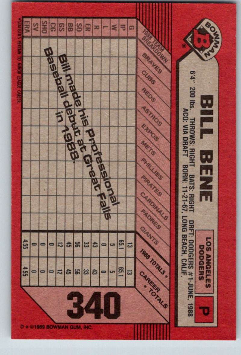 1989 Bowman #340 Bill Bene RC Rookie Dodgers MLB Baseball Image 2