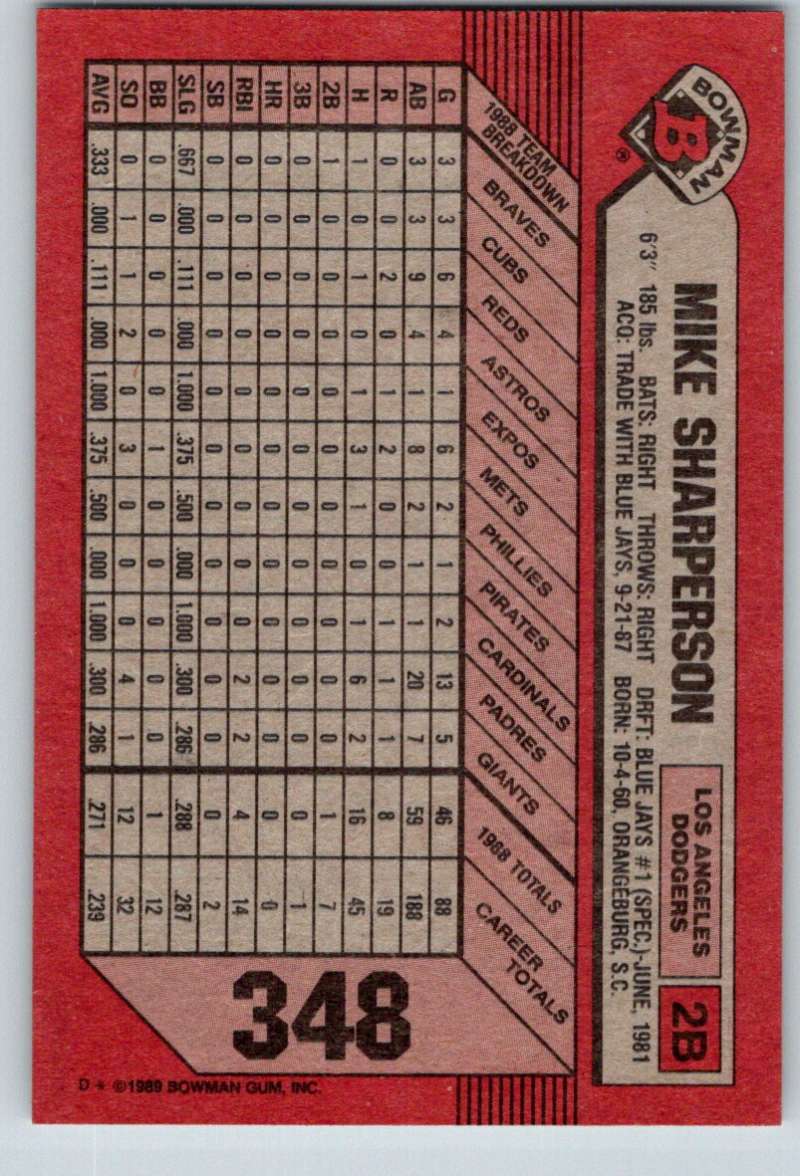 1989 Bowman #348 Mike Sharperson Dodgers MLB Baseball