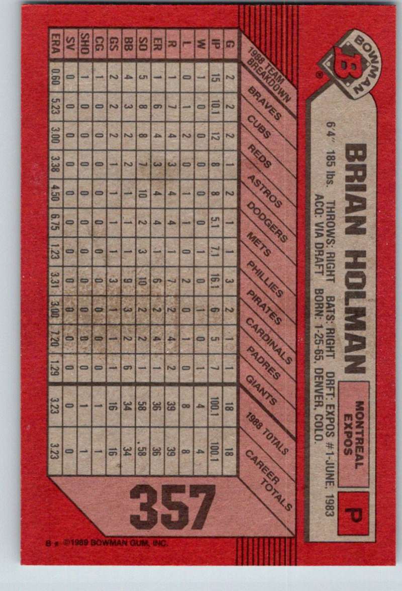 1989 Bowman #357 Brian Holman RC Rookie Expos MLB Baseball Image 2