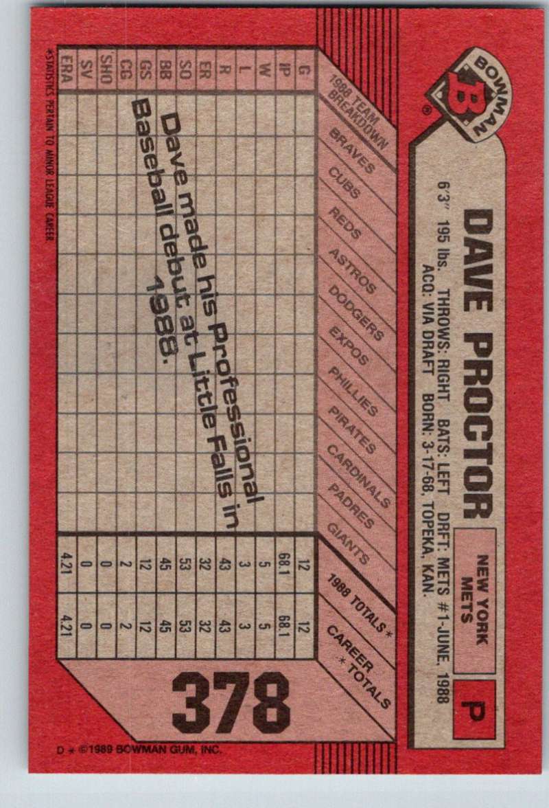 1989 Bowman #378 Dave Proctor Mets MLB Baseball Image 2