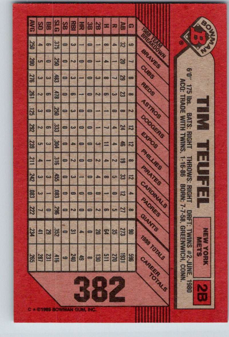 1989 Bowman #382 Tim Teufel Mets MLB Baseball