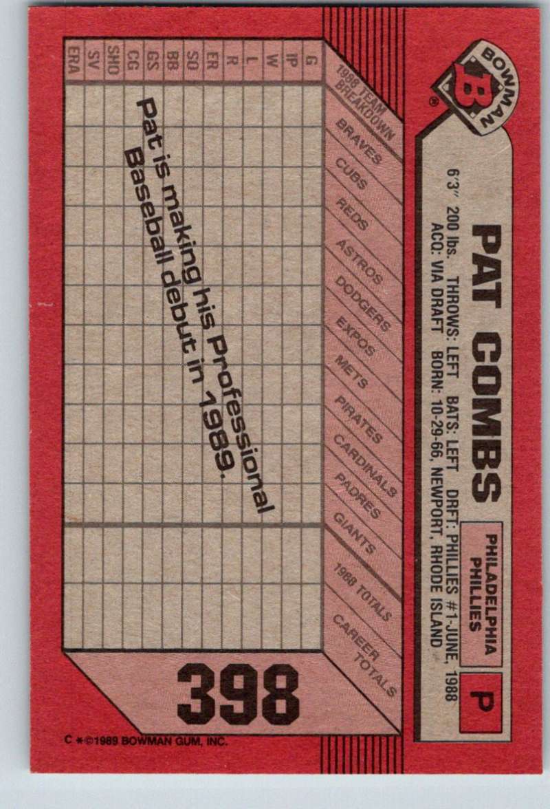 1989 Bowman #398 Pat Combs RC Rookie Phillies MLB Baseball Image 2