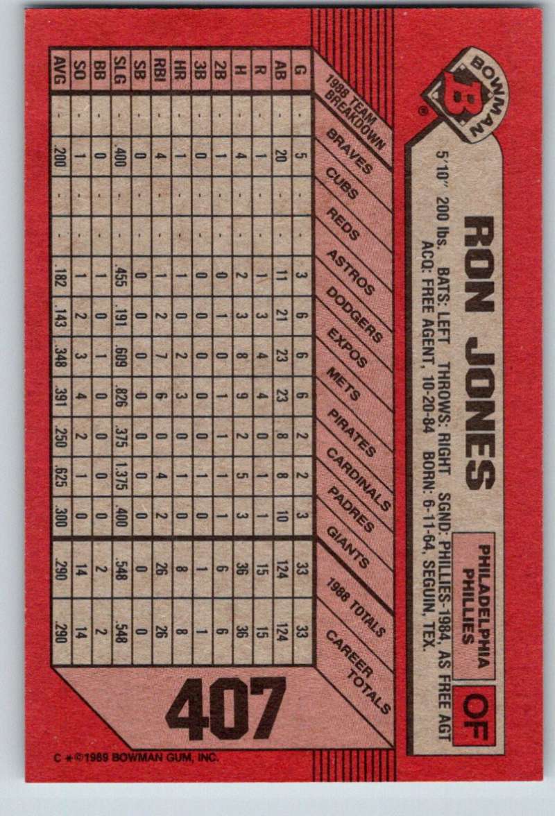 1989 Bowman #407 Ron Jones RC Rookie Phillies MLB Baseball