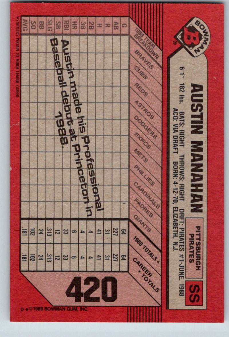 1989 Bowman #420 Austin Manahan RC Rookie Pirates MLB Baseball