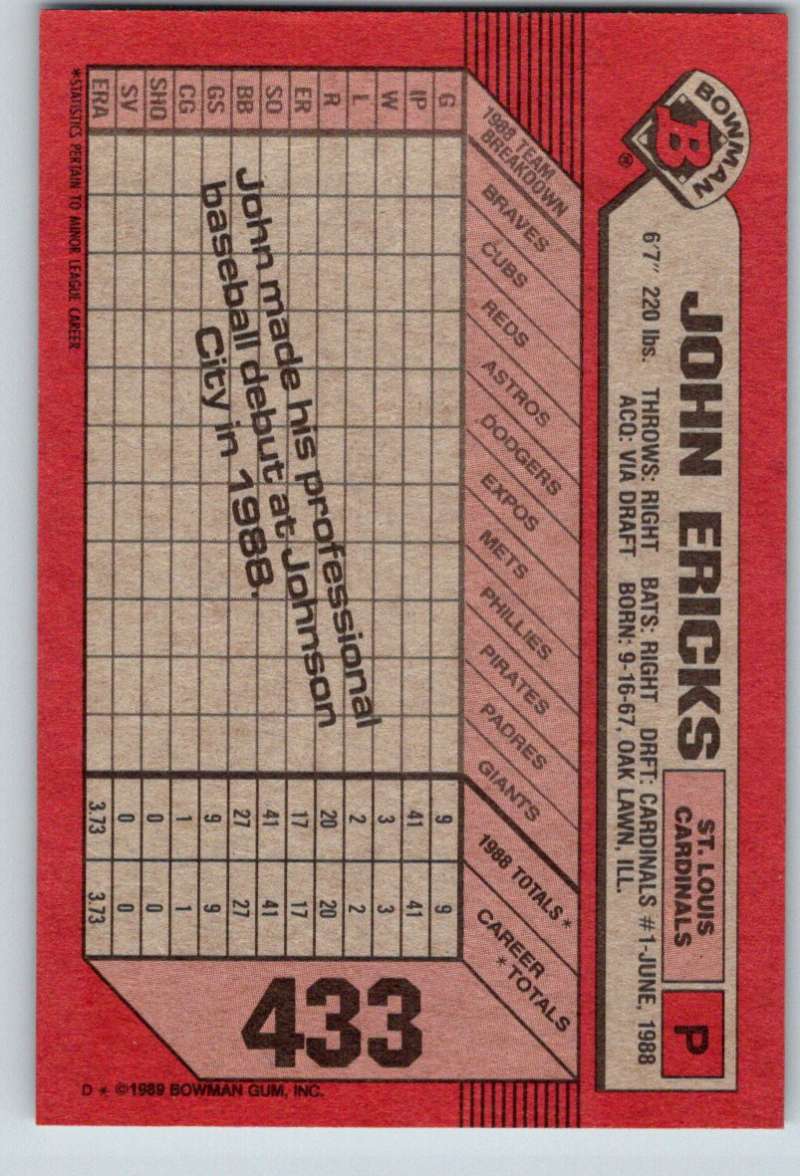 1989 Bowman #433 John Ericks RC Rookie Cardinals MLB Baseball Image 2