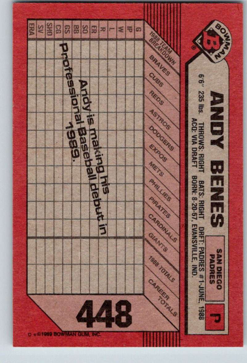 1989 Bowman #448 Andy Benes RC Rookie Padres MLB Baseball Image 2