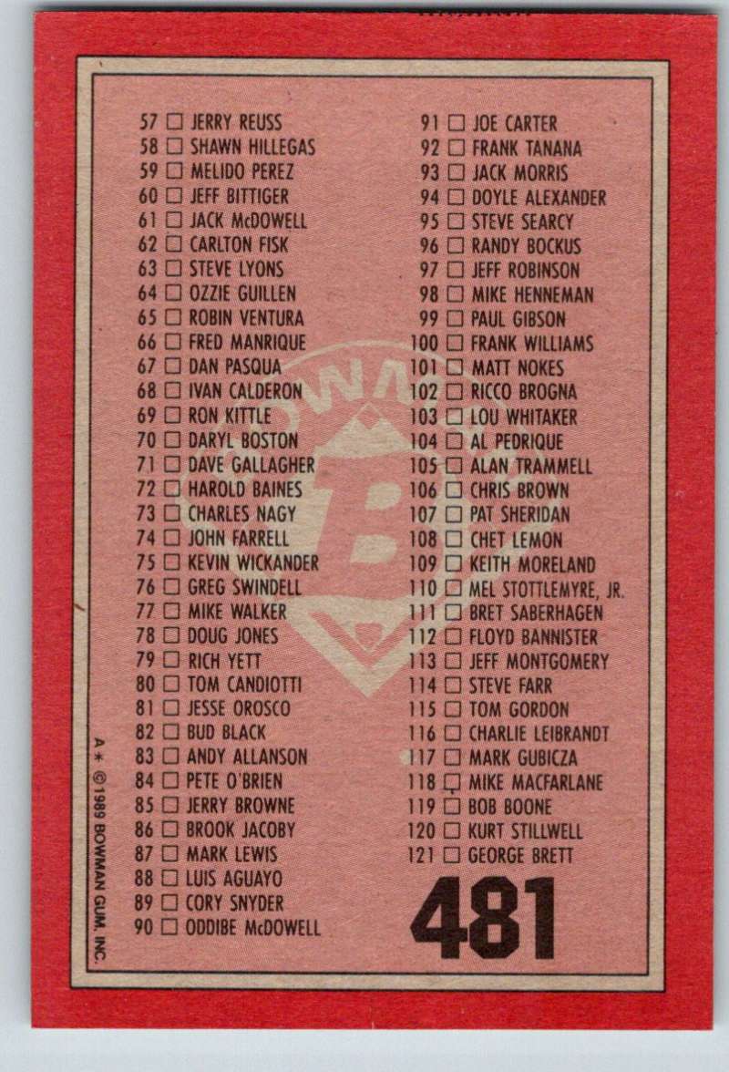 1989 Bowman #481 Checklist 1-121 MLB Baseball Image 2