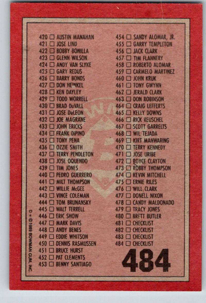 1989 Bowman #484 Checklist 364-484 MLB Baseball
