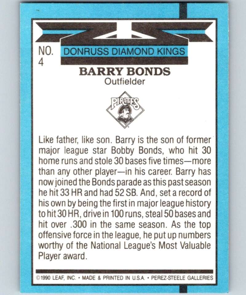 1991 Donruss #4 Barry Bonds Pirates DK MLB Baseball Image 2