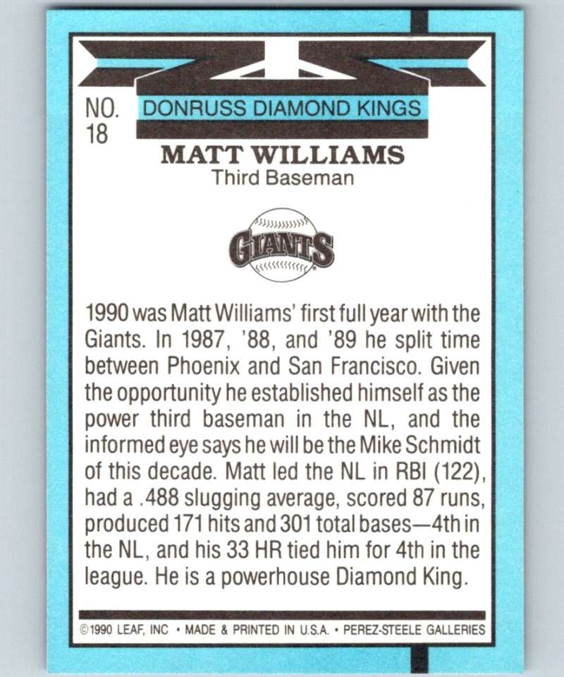 1991 Donruss #18 Matt Williams Giants DK MLB Baseball Image 2
