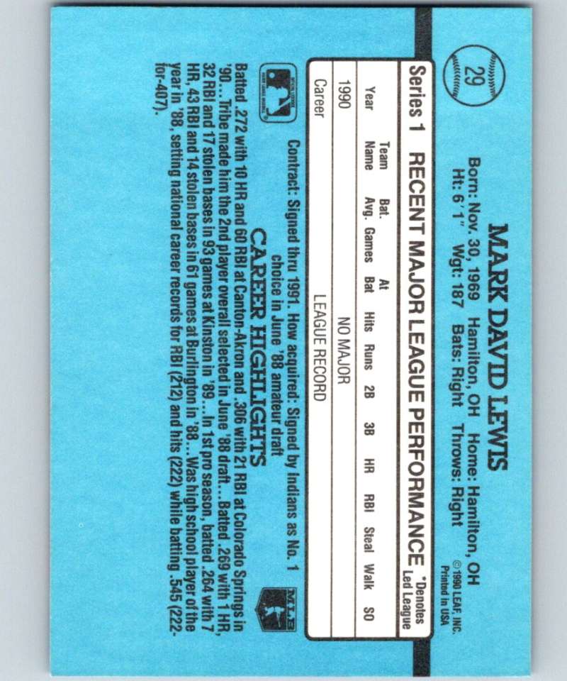 1991 Donruss #29 Mark Lewis Indians RR MLB Baseball
