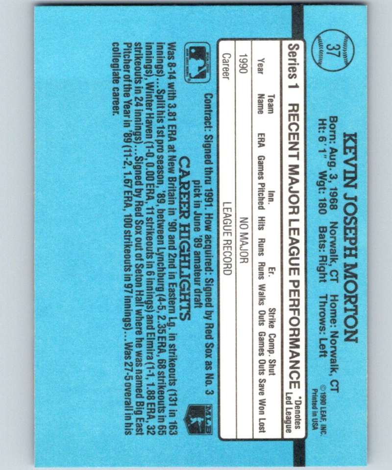 1991 Donruss #37 Kevin Morton RC Rookie Red Sox RR MLB Baseball Image 2