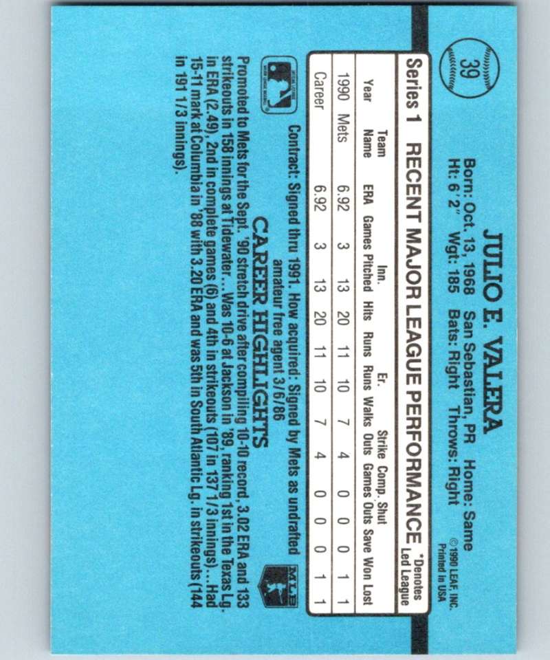 1991 Donruss #39 Julio Valera Mets RR MLB Baseball Image 2