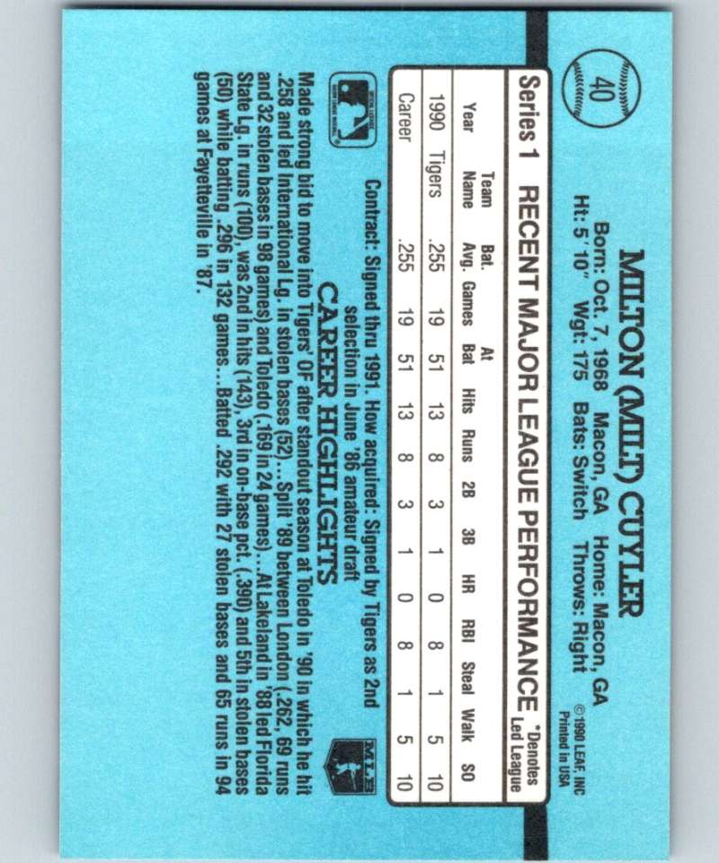 1991 Donruss #40 Milt Cuyler Tigers RR MLB Baseball Image 2