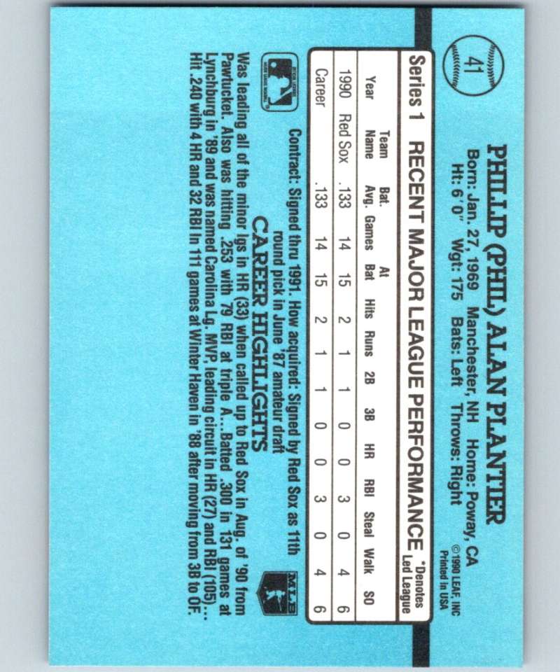 1991 Donruss #41 Phil Plantier RC Rookie Red Sox RR MLB Baseball Image 2