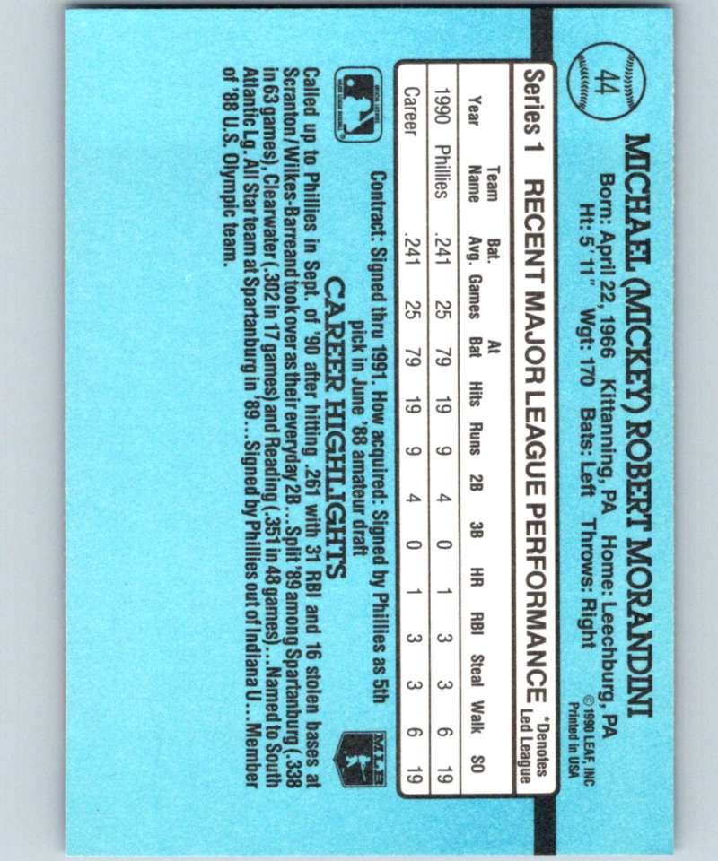 1991 Donruss #44 Mickey Morandini Phillies RR MLB Baseball