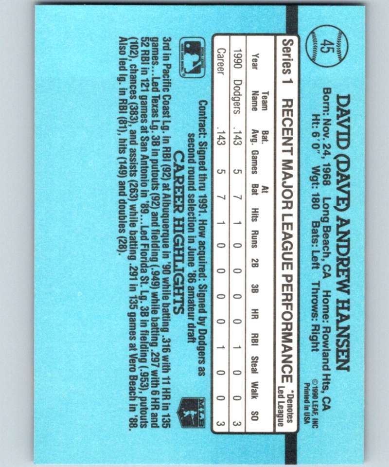 1991 Donruss #45 Dave Hansen Dodgers RR MLB Baseball Image 2