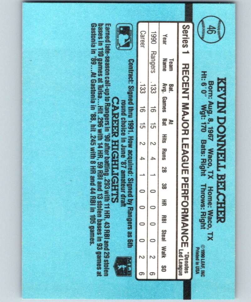 1991 Donruss #46 Kevin Belcher RC Rookie Rangers RR MLB Baseball Image 2