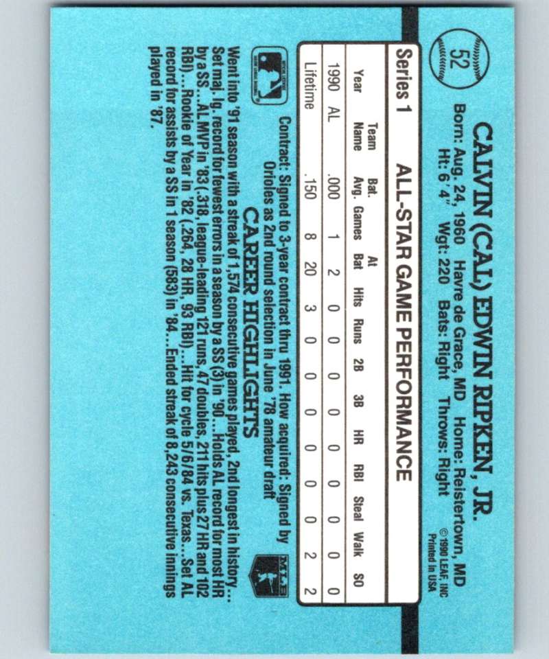 1991 Donruss #52 Cal Ripken Jr. Orioles AS MLB Baseball Image 2
