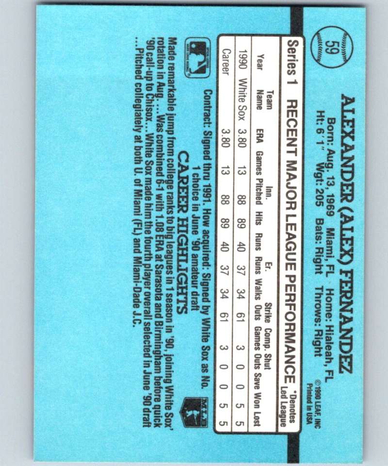 1991 Donruss #59 Alex Fernandez White Sox MLB Baseball Image 2