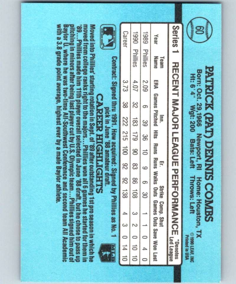 1991 Donruss #60 Pat Combs Phillies MLB Baseball Image 2