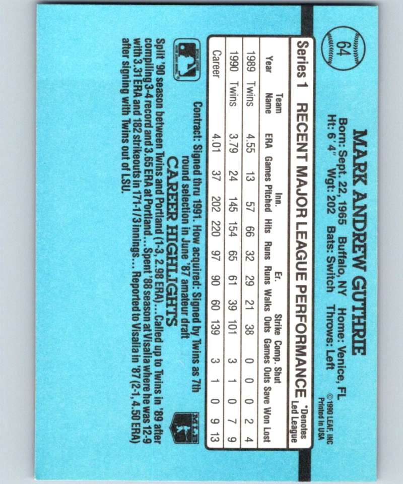 1991 Donruss #64 Mark Guthrie Twins MLB Baseball Image 2